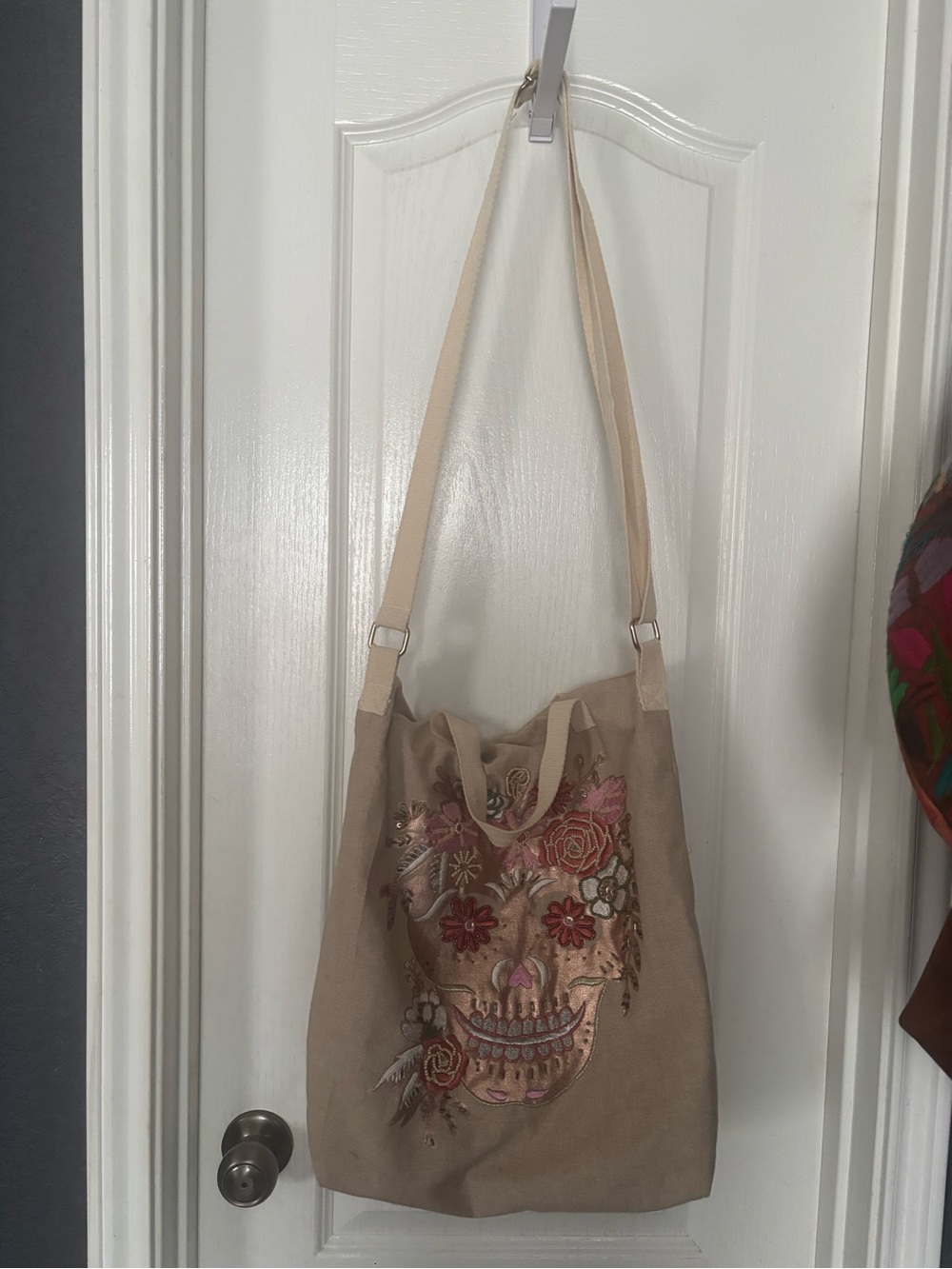 Embroidered Floral Skull Canvas Tote Shoulder Bag - Beige